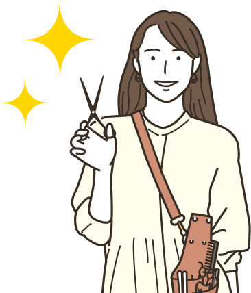 訪問美容師がお客様のお家で髪のカットを行うイラスト